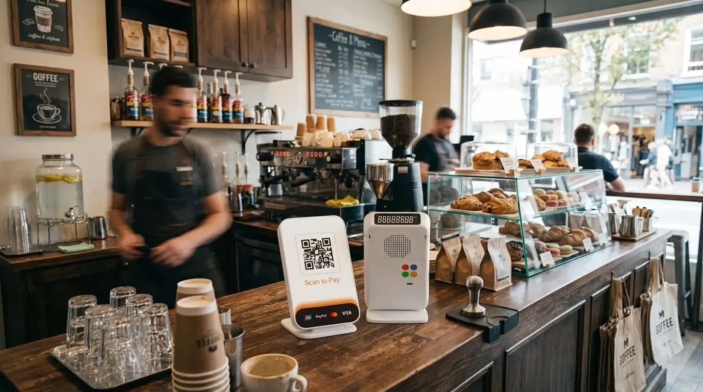 Barra de un café con un soporte de pago con código QR junto a la caja